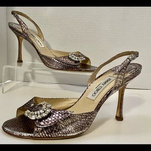 Jimmy Choo snake skin sling back with Swarovski crystal buckles